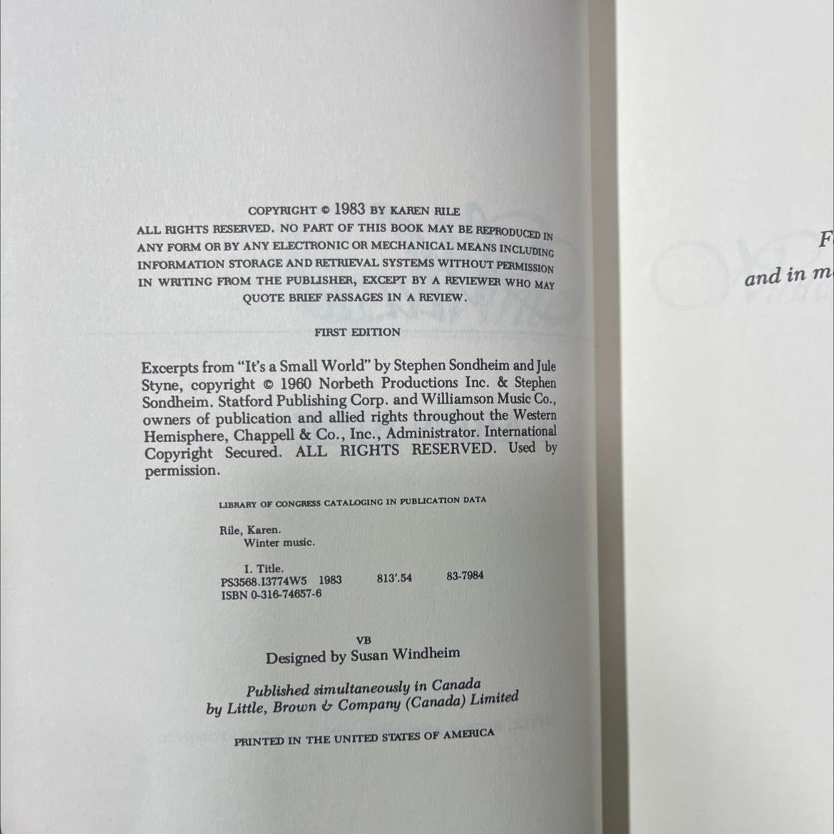 winter music book, by karen rile, 1983 Hardcover image 3