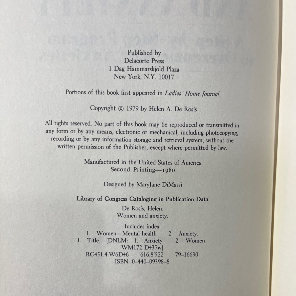 women and anxiety book, by Helen A. De Rosis, M.D., 1979 Hardcover image 3