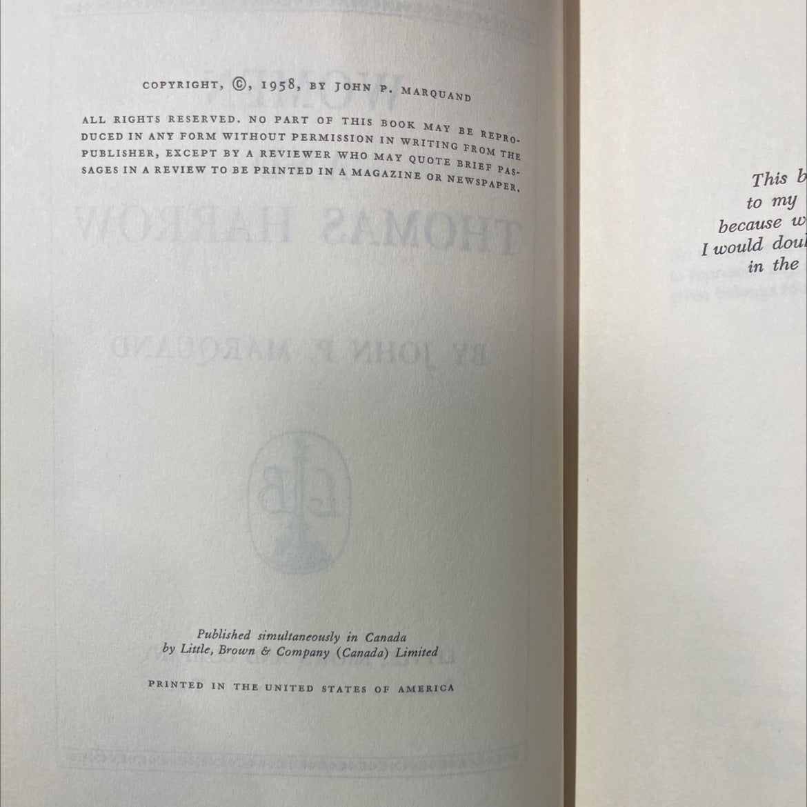 women and thomas harrow book, by john p. marquand, 1958 Hardcover image 3