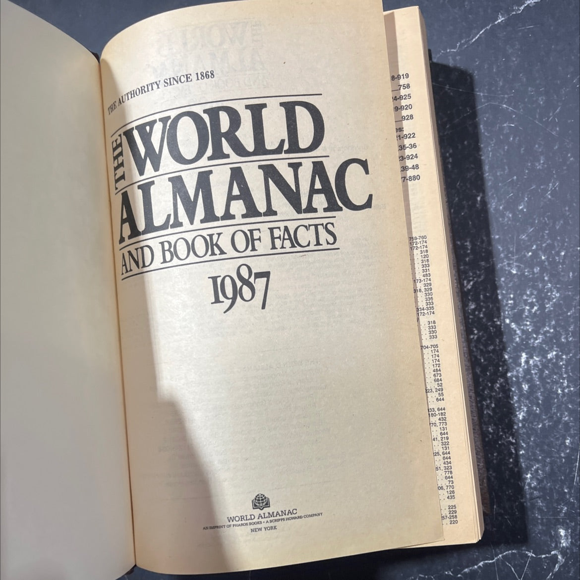 world almanac and book of facts 1987 book, by Mark S. Hoffman, 1987 Leather image 2