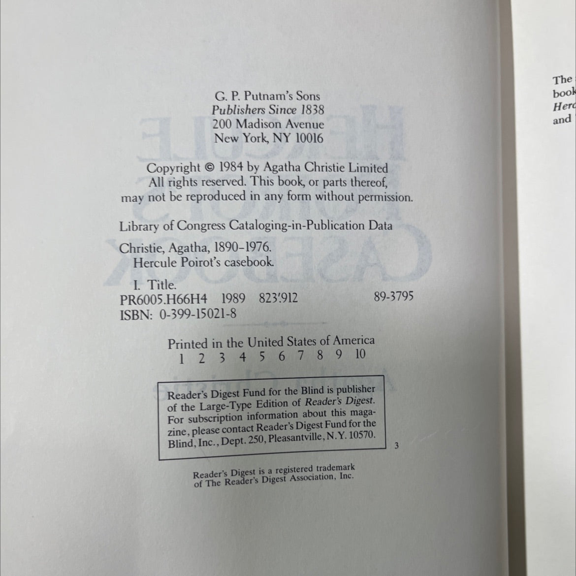 Hercule poirot's casebook book, by Agatha Christie, 1984 Hardcover image 3