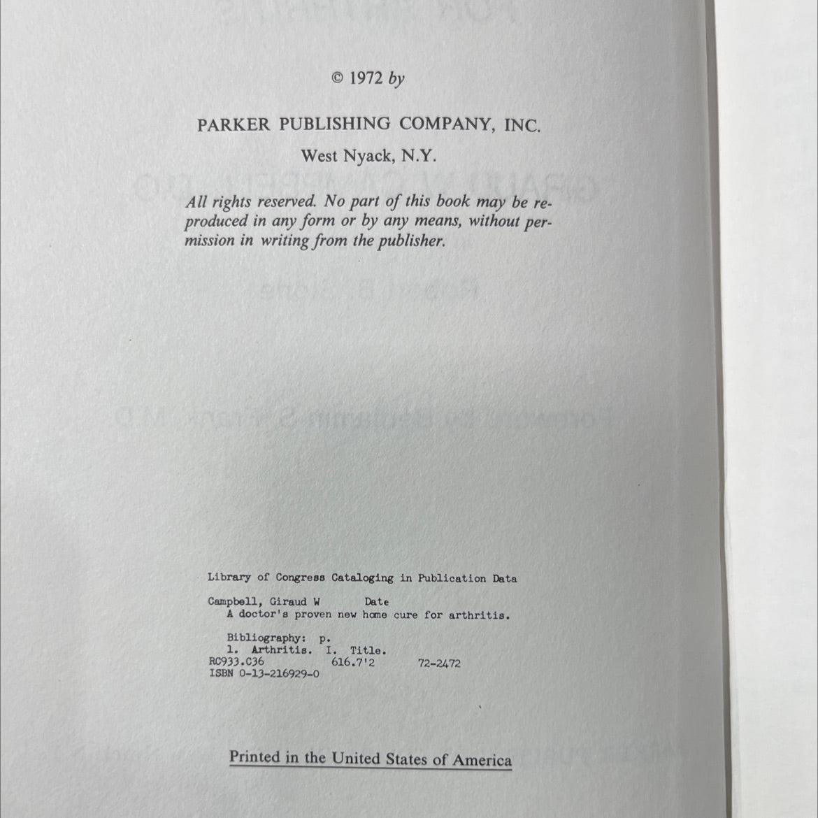 a doctor's proven new home cure for arthritis book, by giraud w. campbell, d.o., 1972 Hardcover image 3