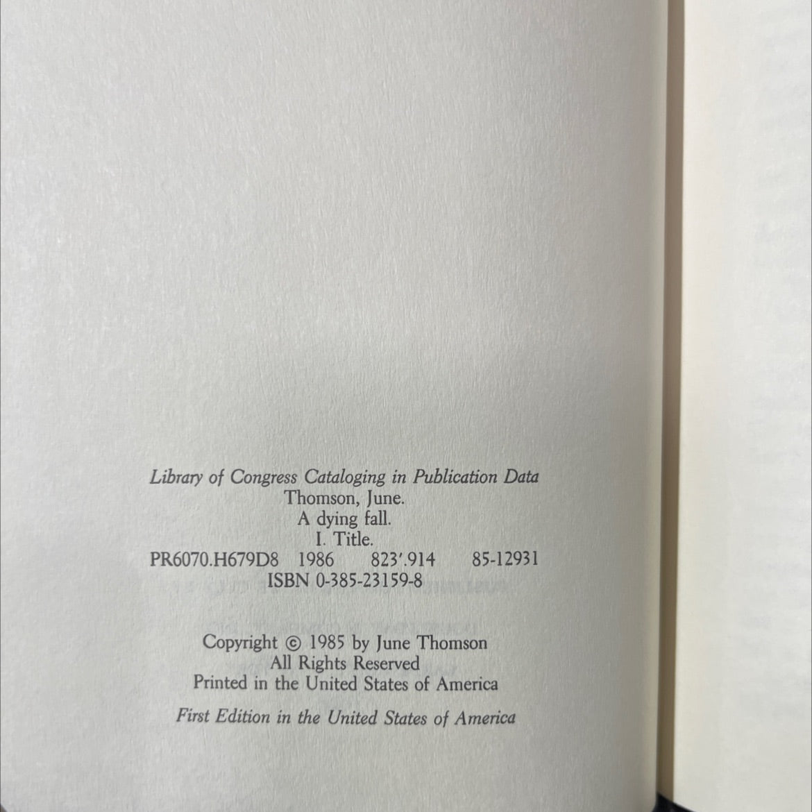 a dying fall book, by june thomson, 1986 Hardcover image 3