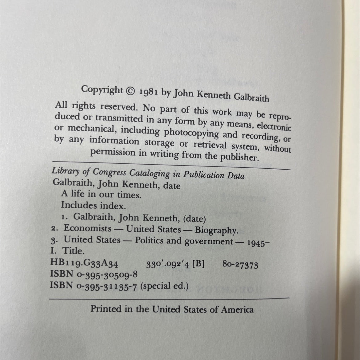 a life in our times book, by John Kenneth Galbraith, 1981 Hardcover image 3