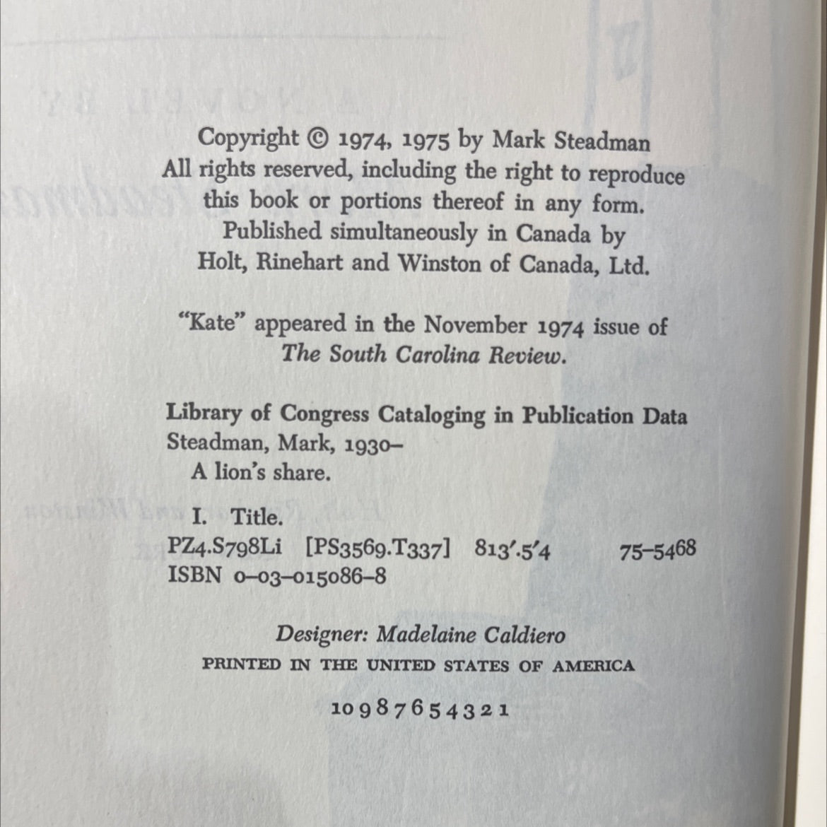 a lion's share book, by Mark Steadman, 1975 Hardcover image 3