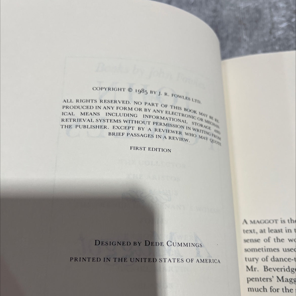 a maggot book, by john fowles, 1985 Hardcover image 3