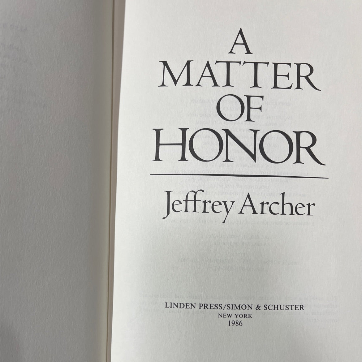 a matter of honor book, by jeffrey archer, 1986 Hardcover image 2