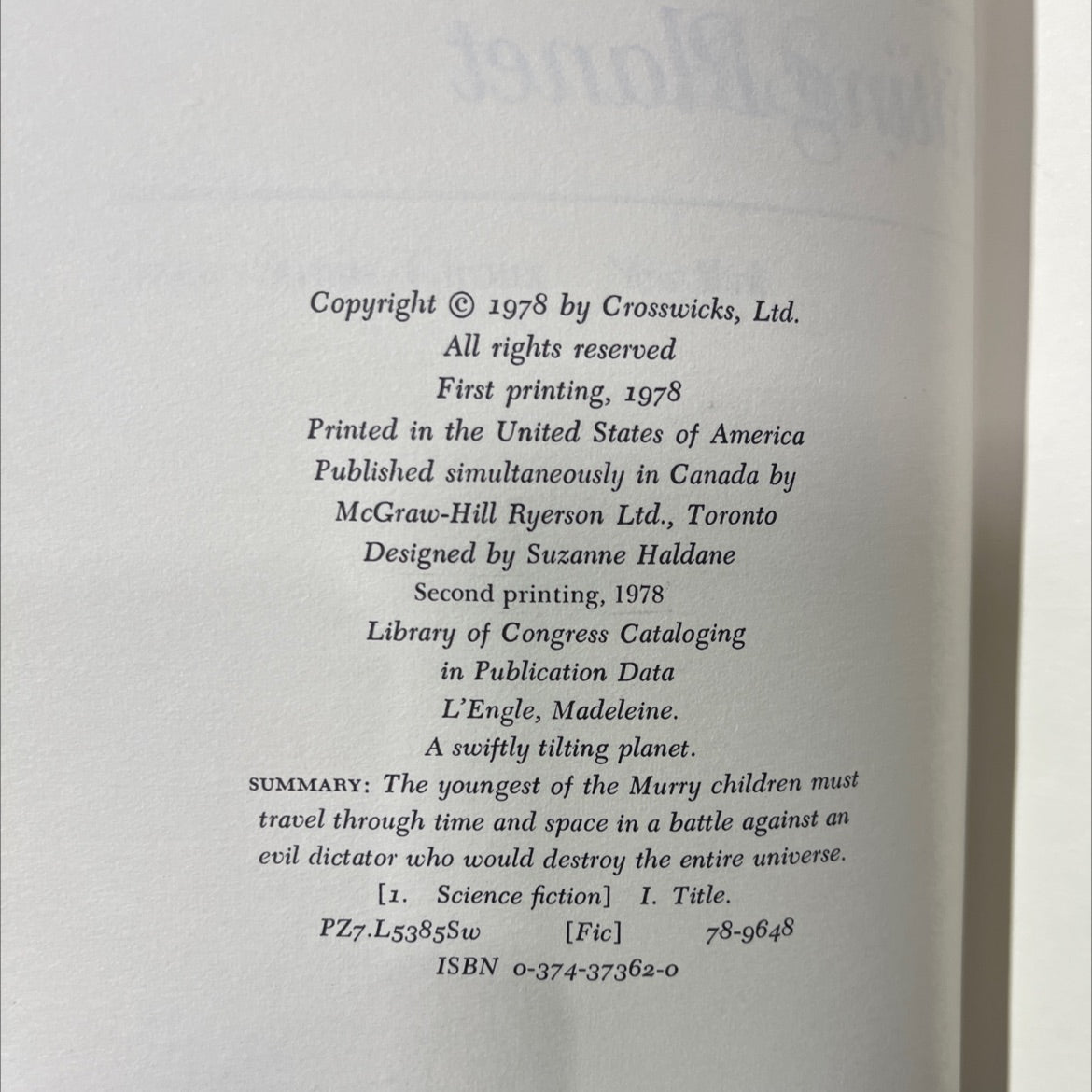 a swiftly tilting planet book, by madeleine l'engle, 1978 Hardcover image 3