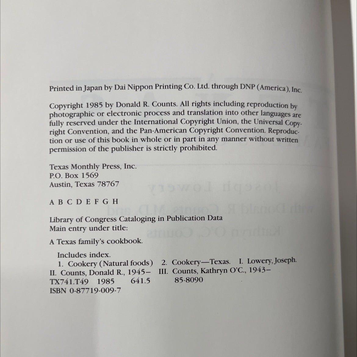 a texas family's cookbook book, by Joseph Lowery with Donald R. Counts, M.D. and Kathryn O'C. Counts, 1985 Hardcover image 3