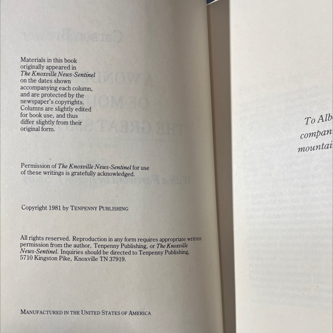 a wonderment of mountains: the great smokies book, by carson brewer, 1981 Hardcover image 3