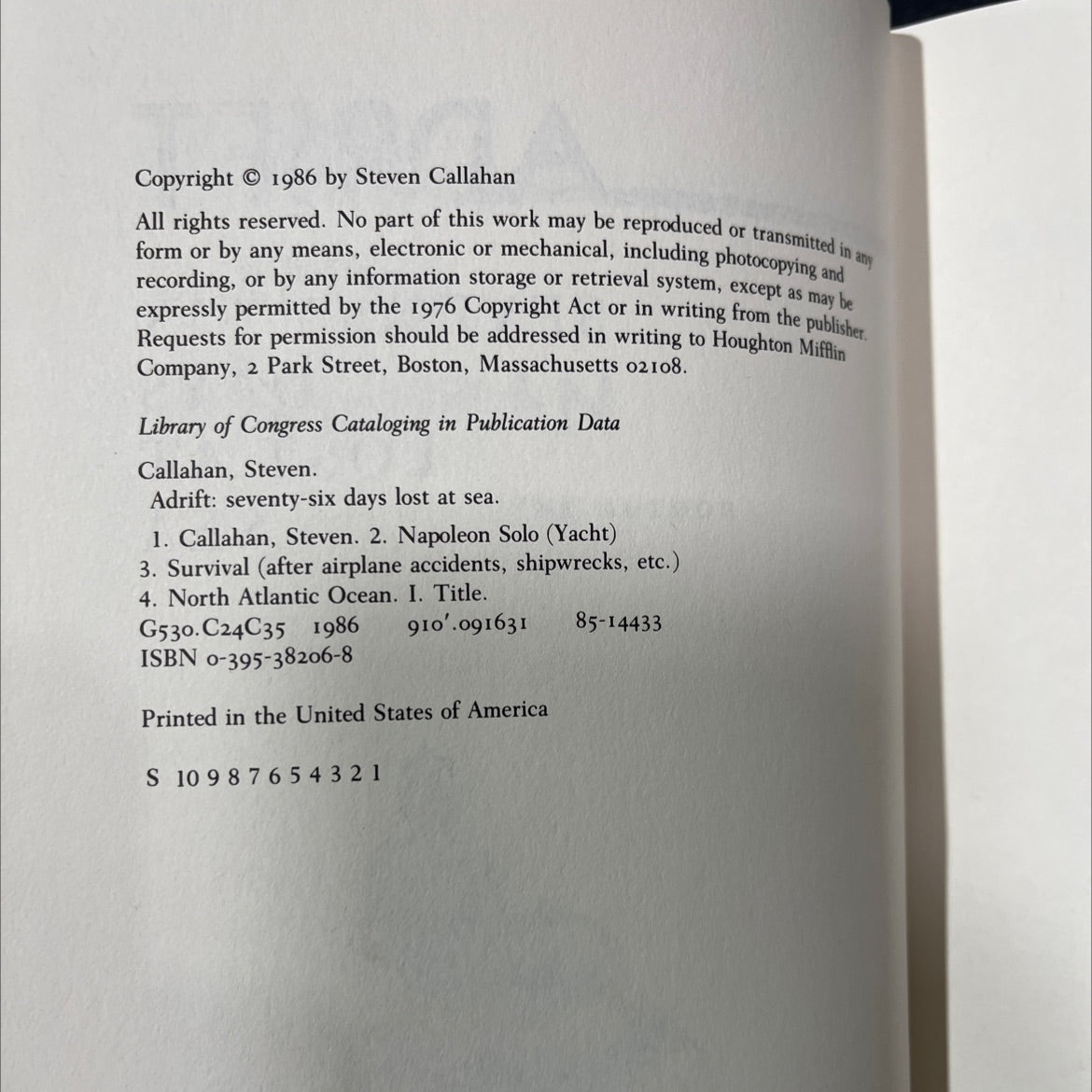 adrift: seventy-six days lost at sea book, by Steven Callahan, 1986 Hardcover image 3