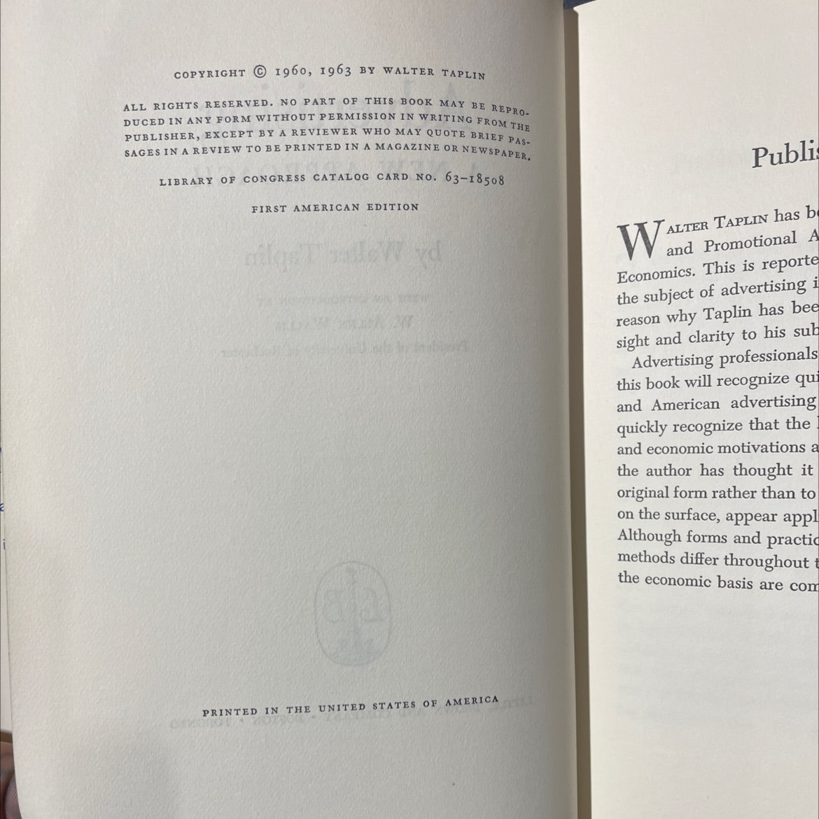 advertising a new approach book, by walter taplin, 1963 Hardcover image 3