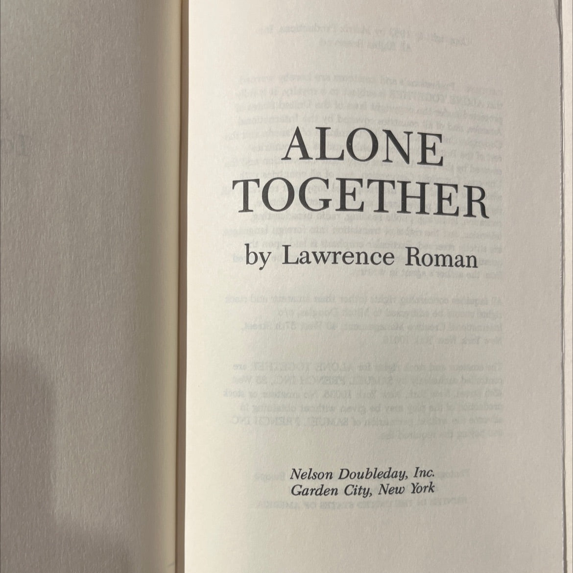 alone together book, by Lawrence Roman, 1984 Hardcover image 2