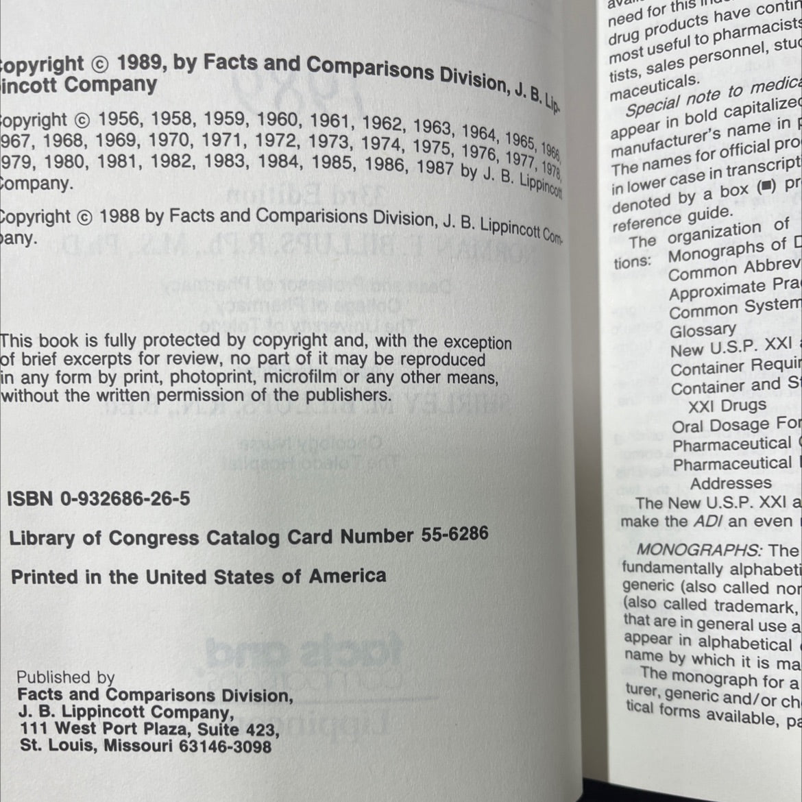 american drug index book, by norman f. billups, r.ph., m.s., ph.d. and shirley m. billups, r.n., b.ed., 1989 Hardcover image 3