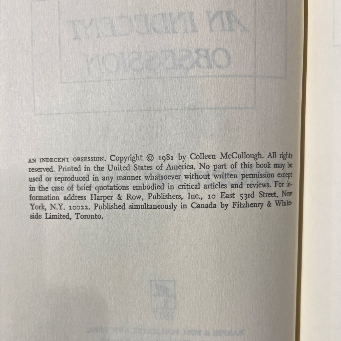 an indecent obsession book, by Colleen McCullough, 1981 Hardcover image 3