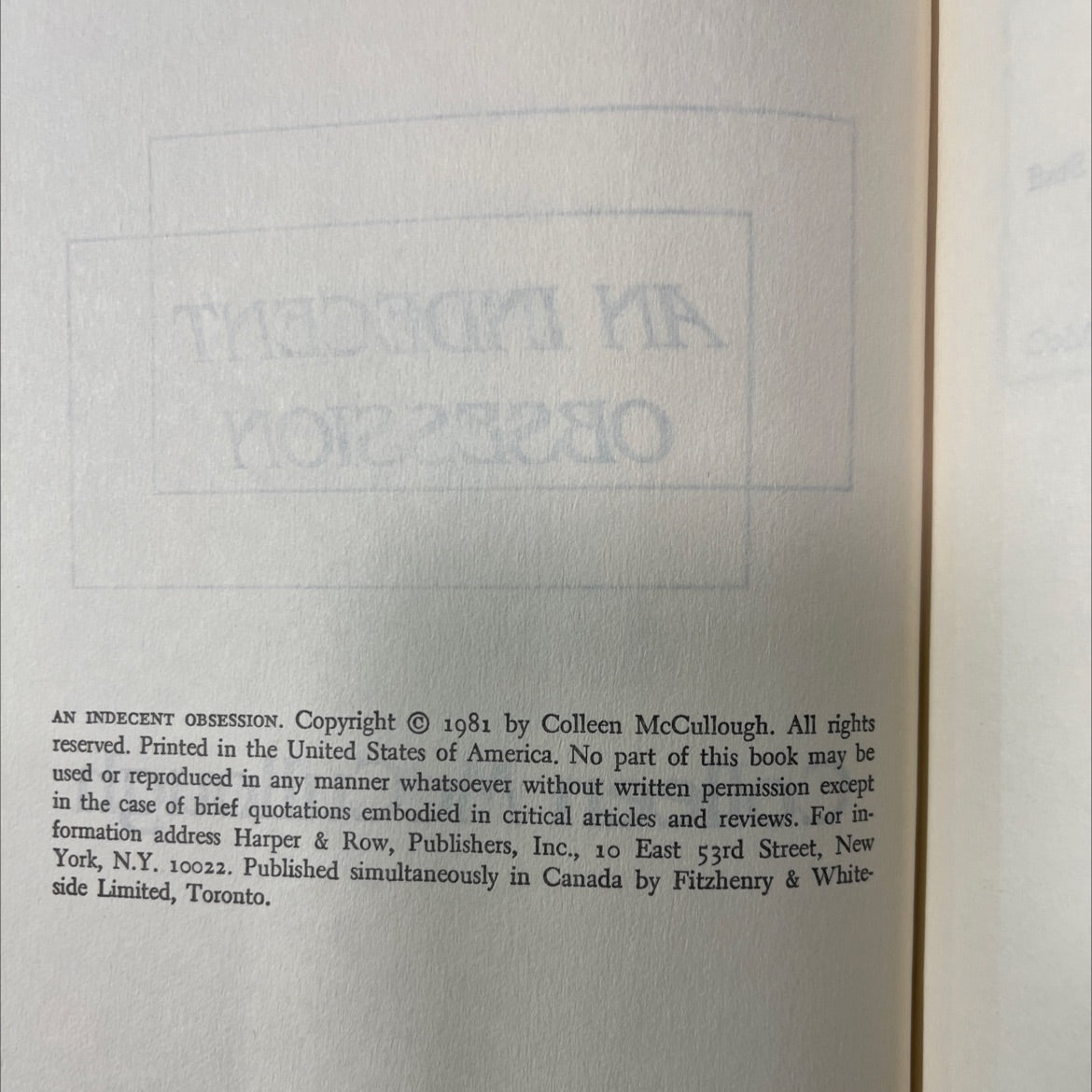 an indecent obsession book, by colleen mccullough, 1981 Hardcover image 3