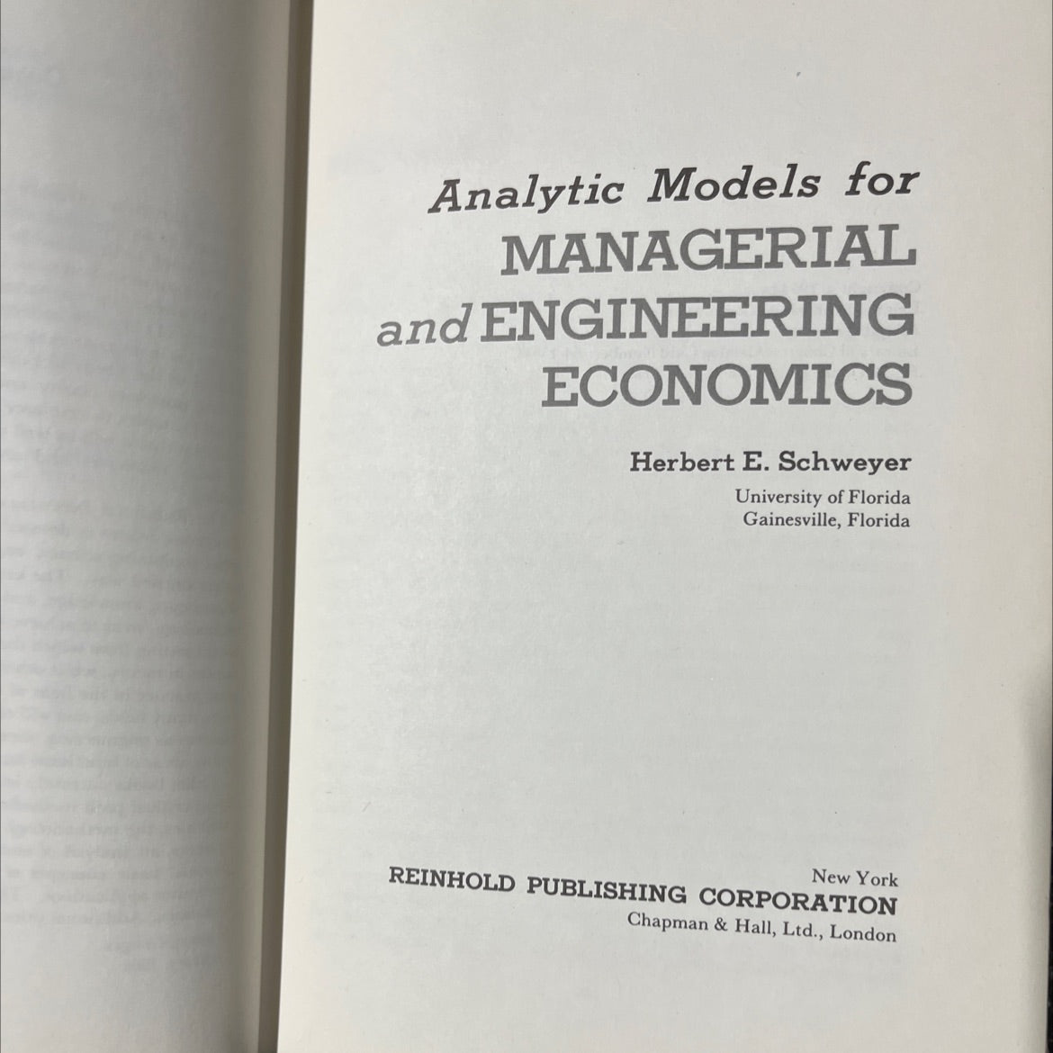 analytic models for managerial and engineering economics book, by herbert e. schweyer, 1964 Hardcover image 2