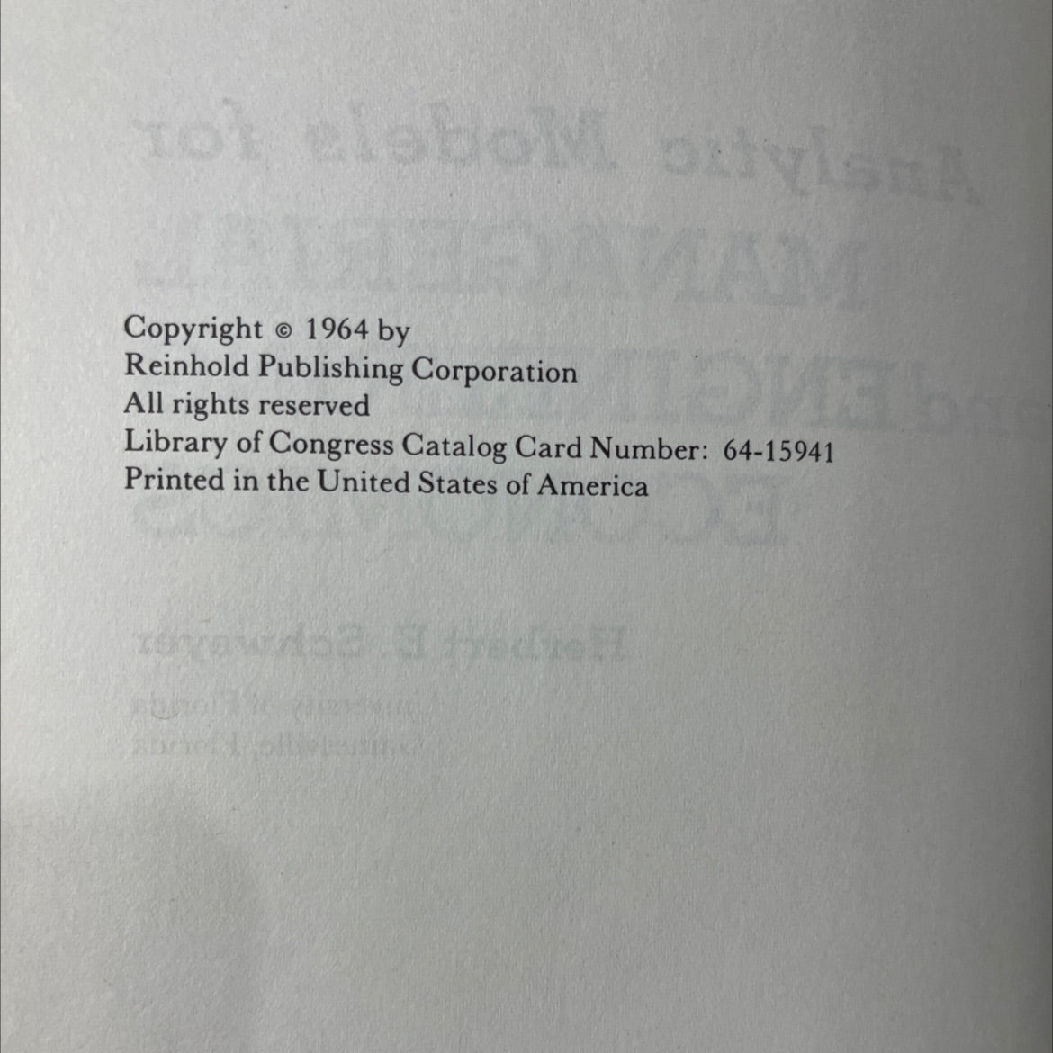 analytic models for managerial and engineering economics book, by herbert e. schweyer, 1964 Hardcover image 3