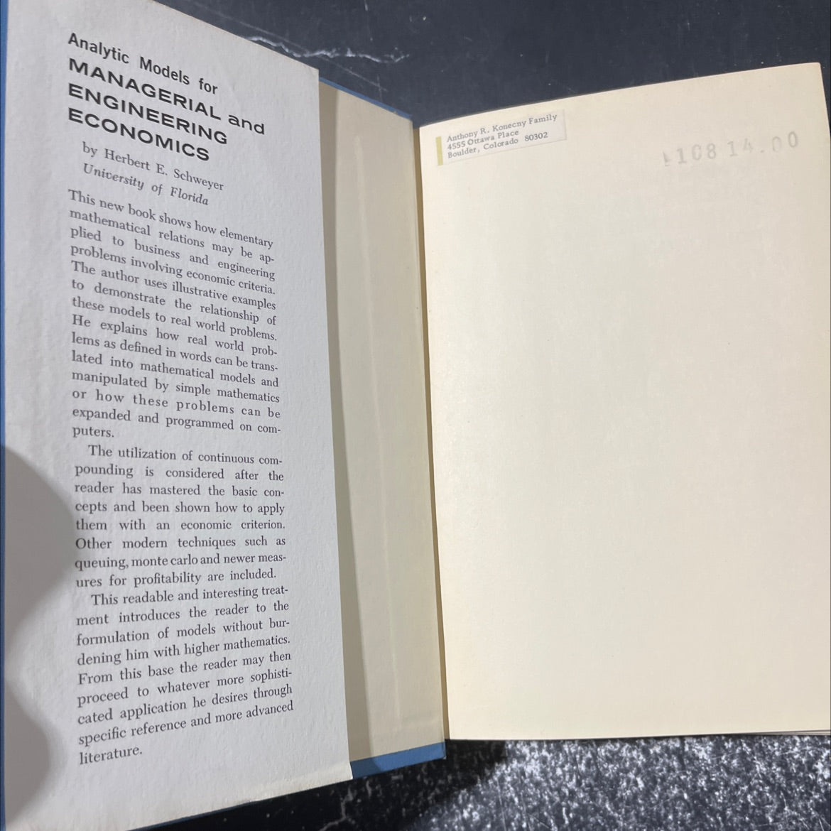 analytic models for managerial and engineering economics book, by herbert e. schweyer, 1964 Hardcover image 4