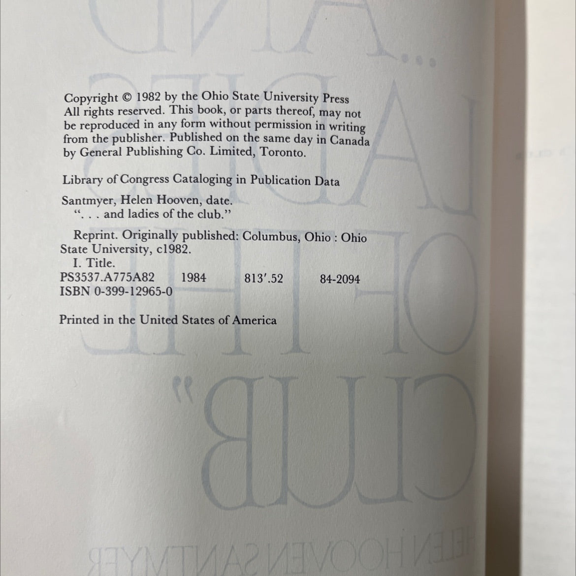 and ladies of the club book, by helen hooven santmyer, 1982 Hardcover image 3