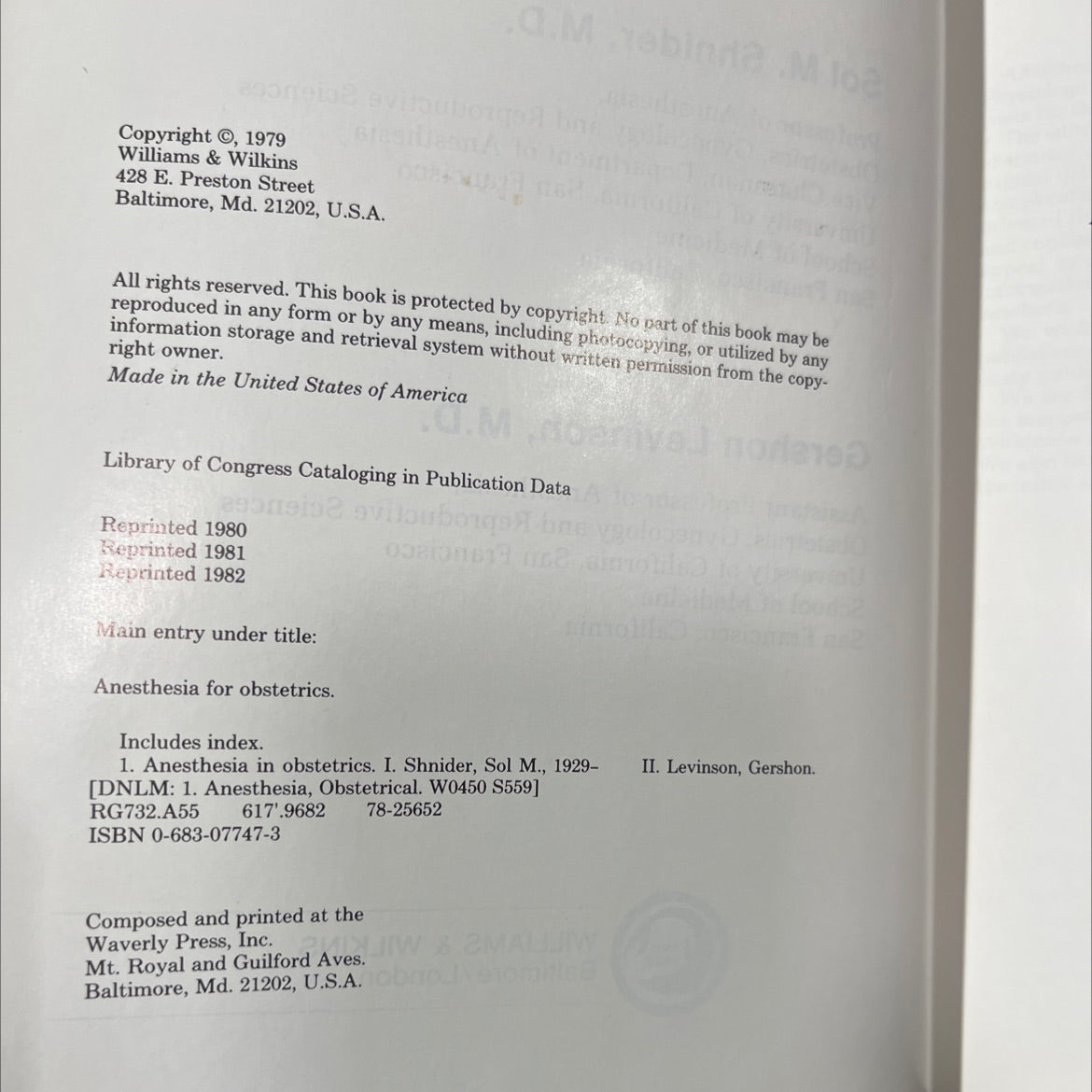 anesthesia for obstetrics book, by Sol M. Shnider, M.D. and Gershon Levinson, M.D., 1982 Hardcover image 3