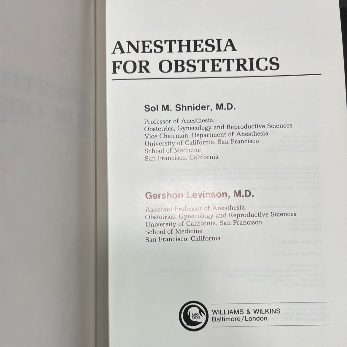 anesthesia for obstetrics book, by Sol M. Shnider, M.D. and Gershon Levinson, M.D., 1982 Hardcover image 2