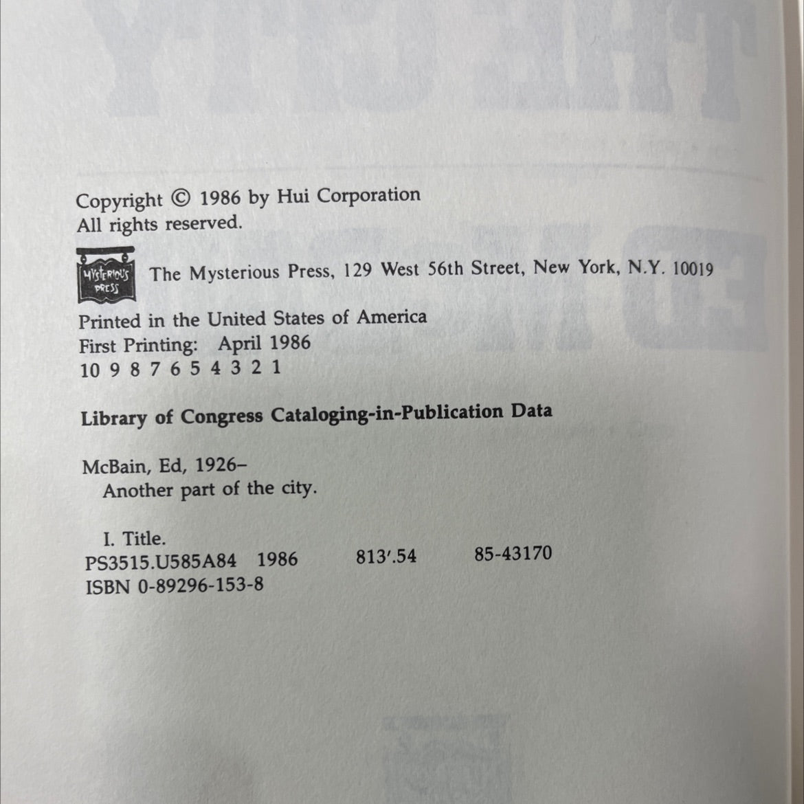another part of the city book, by Ed McBain, 1986 Hardcover image 3