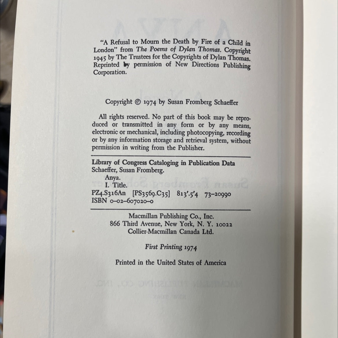 anya book, by susan fromberg schaeffer, 1974 Hardcover image 3