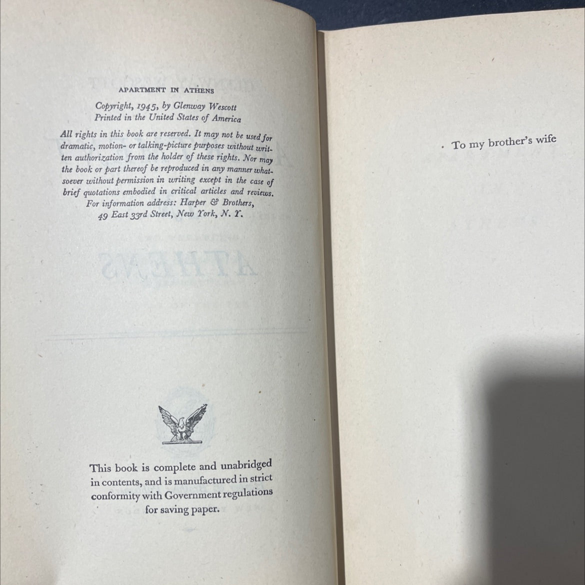 apartment in athens book, by glenway wescott, 1945 Hardcover image 3