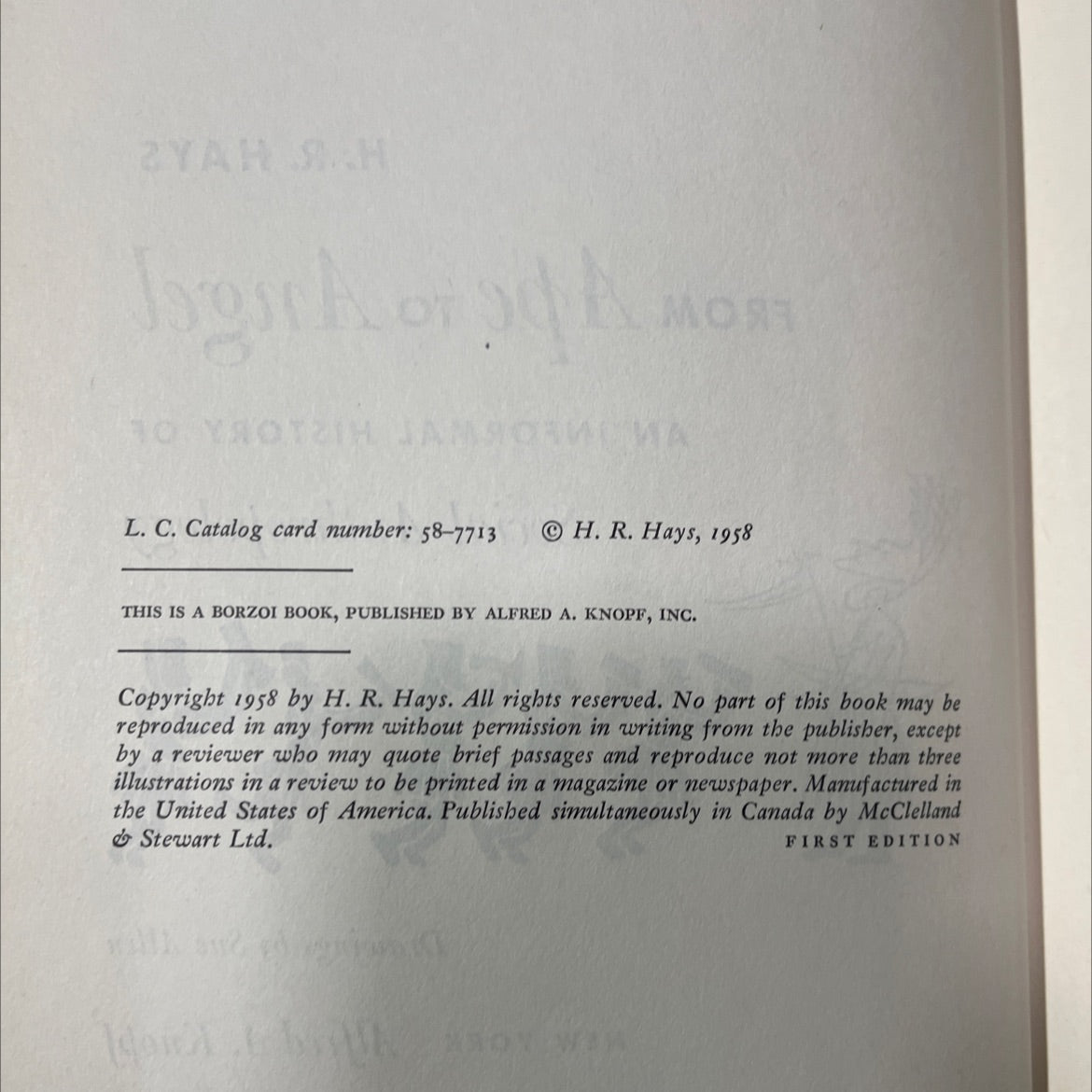 ape to angel book, by H. R. Hays, 1958 Hardcover image 3