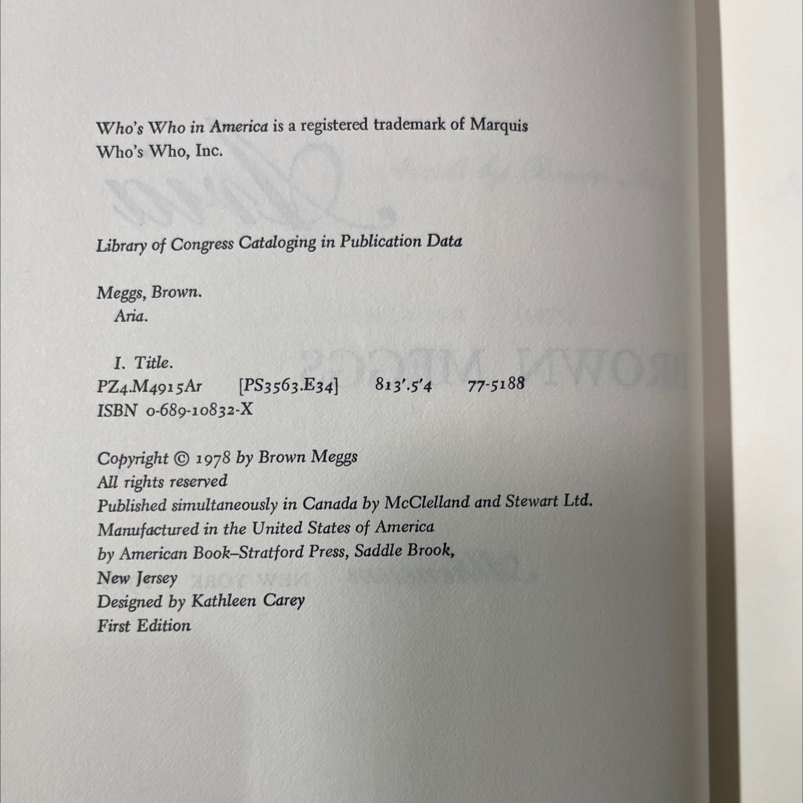 aria book, by Brown Meggs, 1978 Hardcover image 3