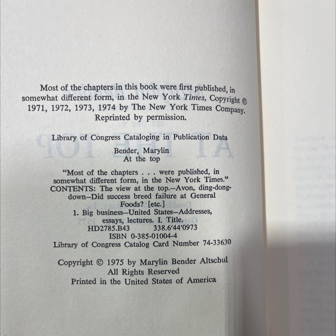 at the top book, by marylin bender, 1975 Hardcover image 3