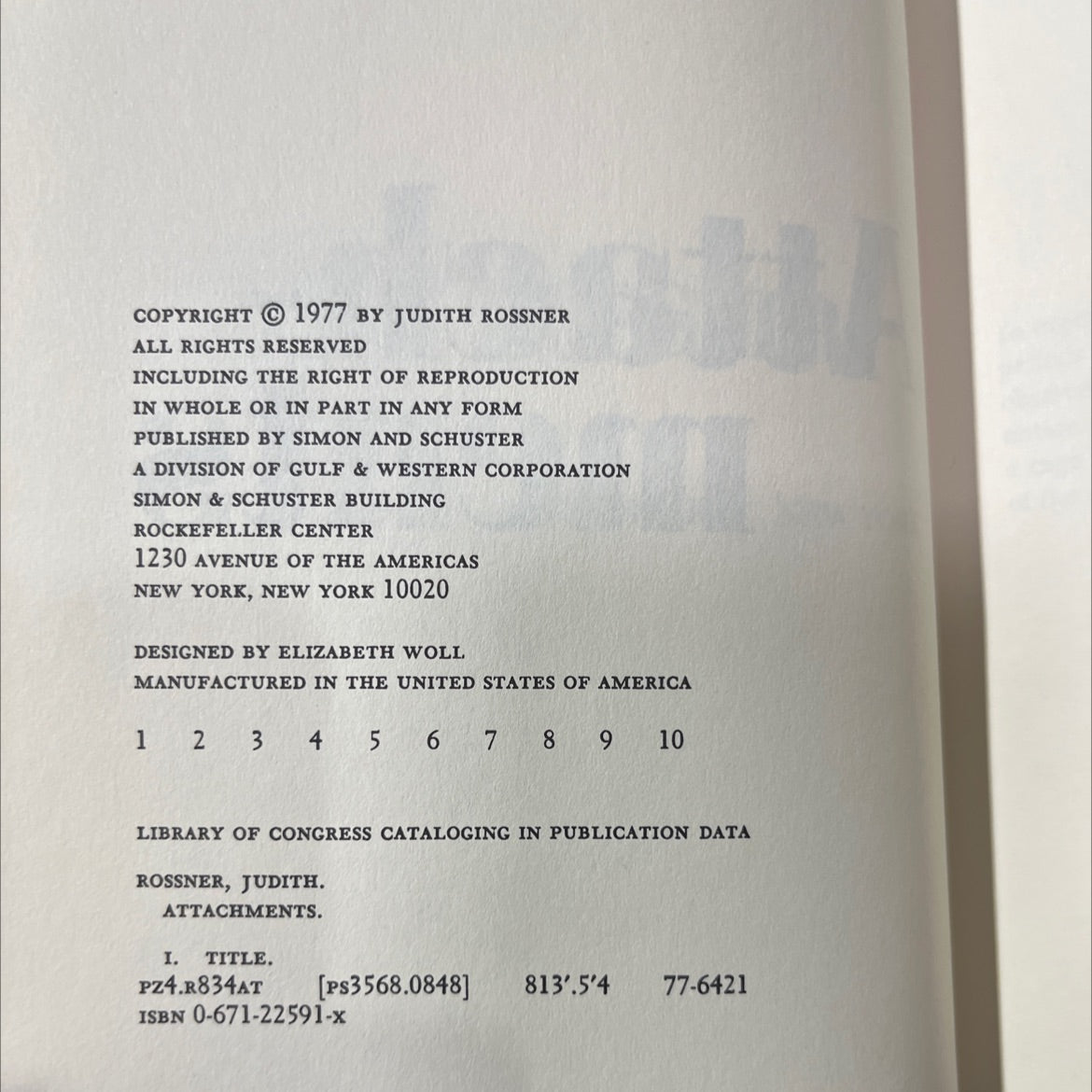 attachments book, by judith rossner, 1977 Hardcover image 3