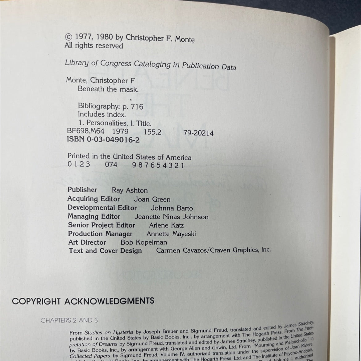 beneath the mask an introduction to theories of personality book, by christopher f. monte, 1980 Hardcover image 3
