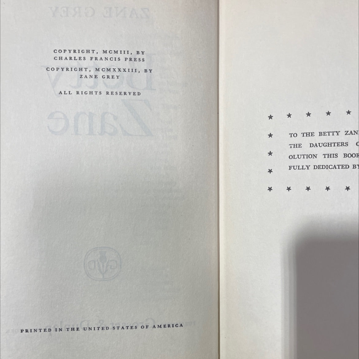 betty zane book, by zane grey, 1933 Hardcover image 3