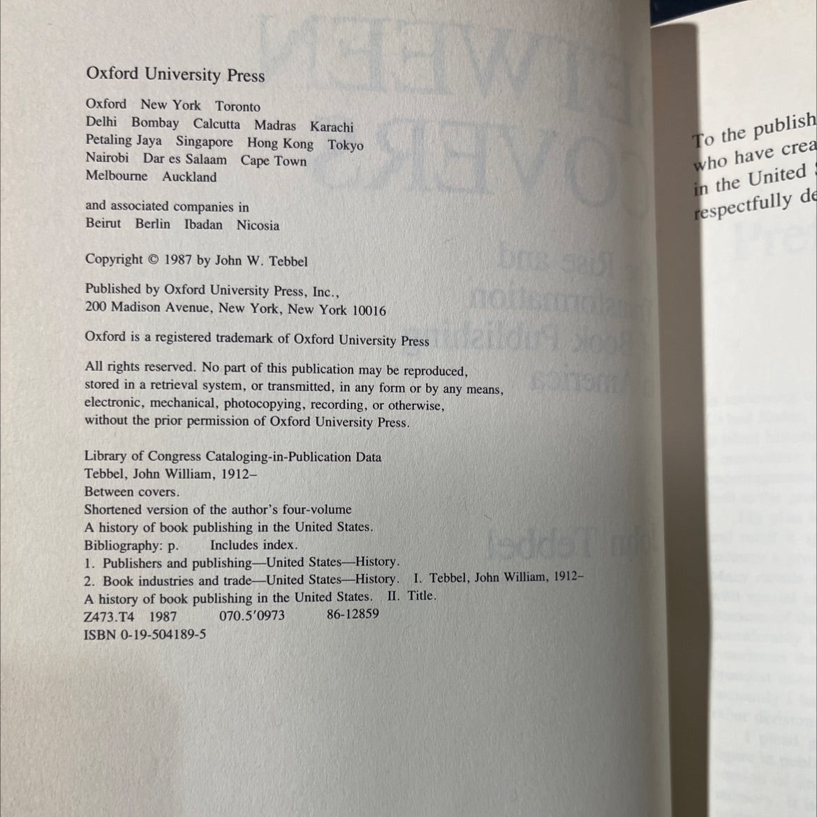 between covers book, by John Tebbel, 1987 Hardcover image 3