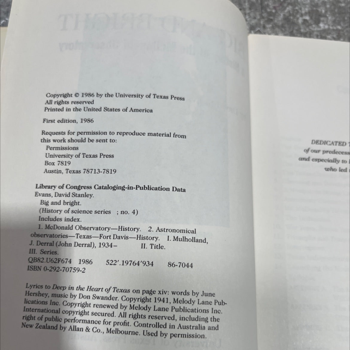 big and bright a history of the mcdonald observatory book, by David S. Evans and J. Derral Mulholland, 1986 Hardcover image 3