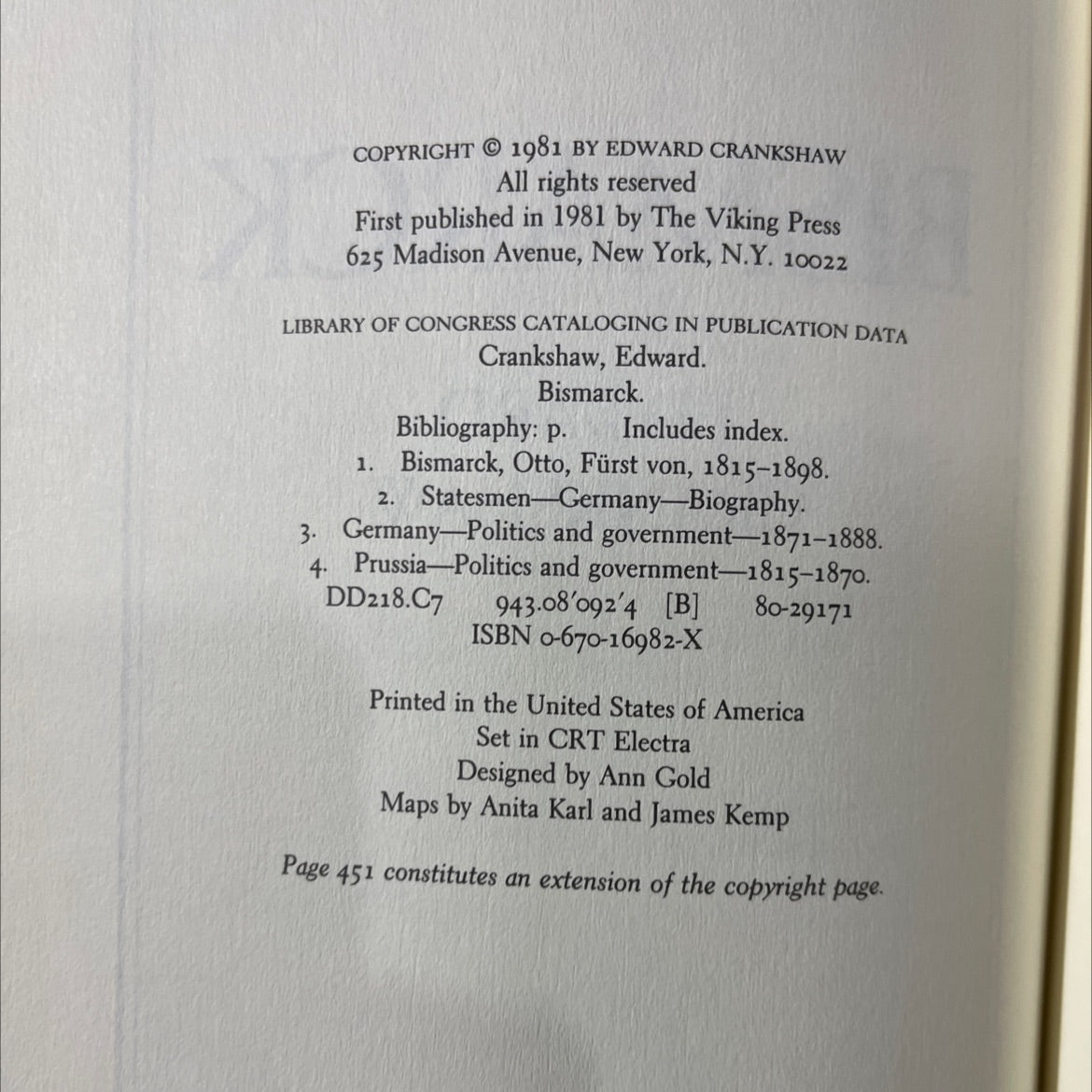 bismarck book, by edward crankshaw, 1981 Hardcover image 3