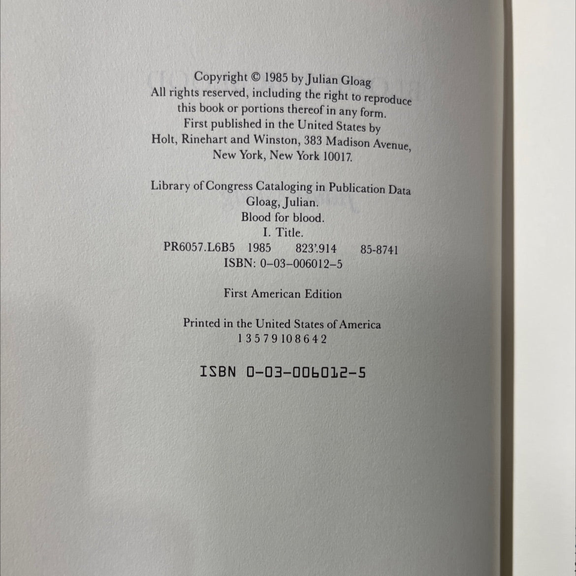 blood for blood book, by Julian Gloag, 1985 Hardcover image 3