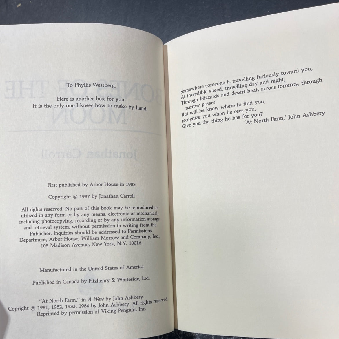 bones of the moon book, by Jonathan Carroll, 1988 Hardcover image 3