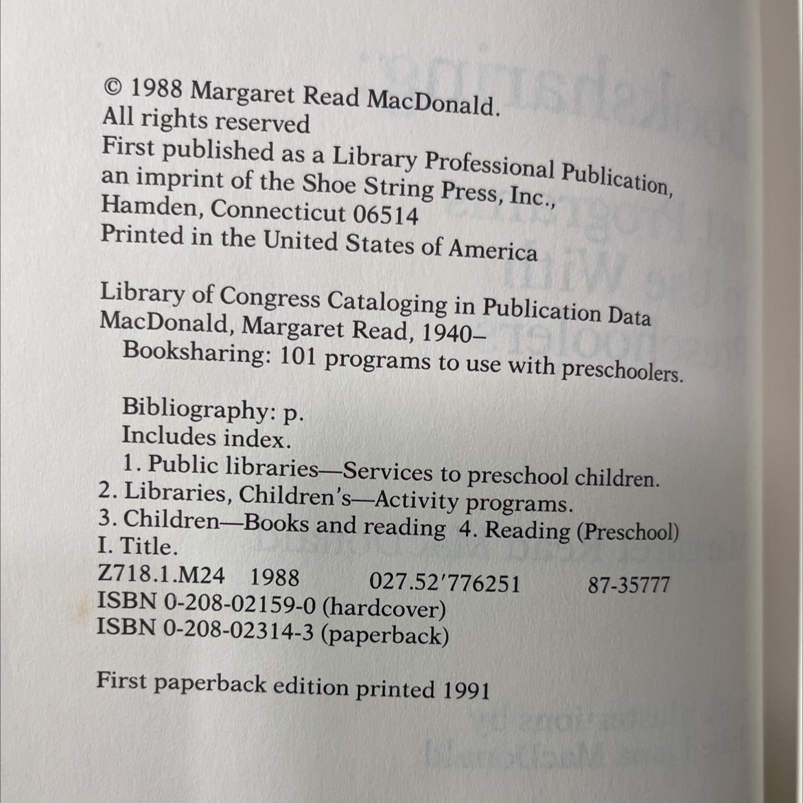 booksharing: 101 programs to use with preschoolers book, by margaret read macdonald, 1991 Hardcover image 3