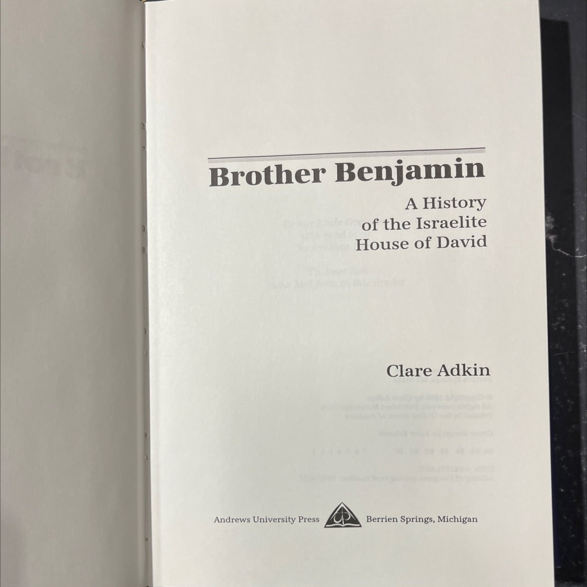 brother benjamin a history of the israelite house of david book, by Clare Adkin, 1990 Hardcover image 2