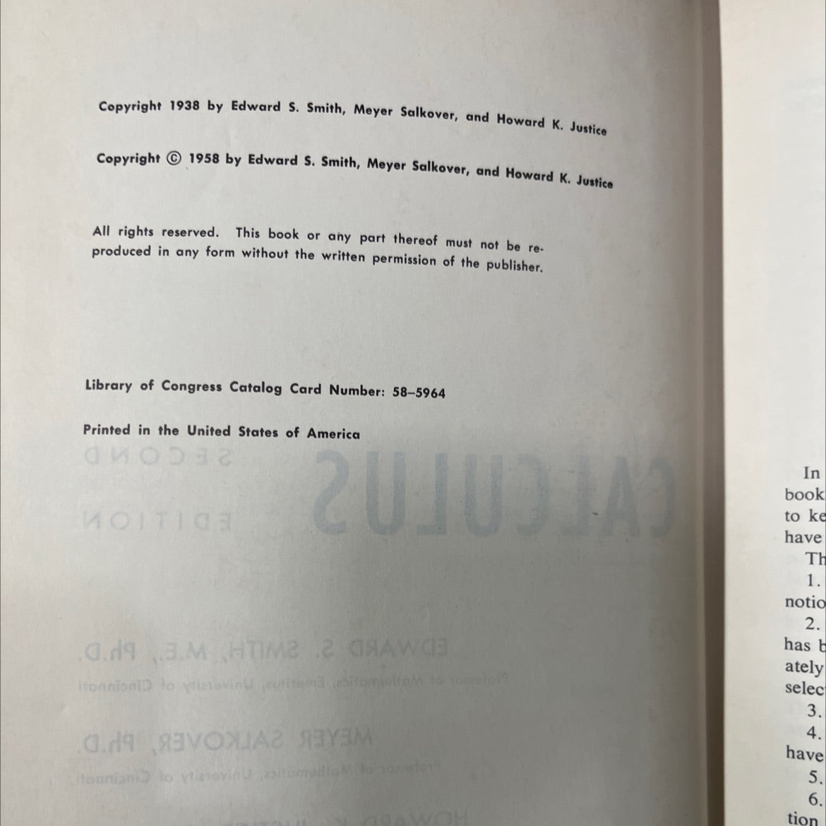 calculus book, by edward s. smith, meyer salkover, howard k. justice, 1958 Hardcover image 3