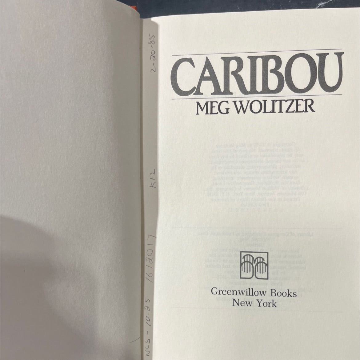 caribou book, by meg wolitzer, 1985 Hardcover image 2