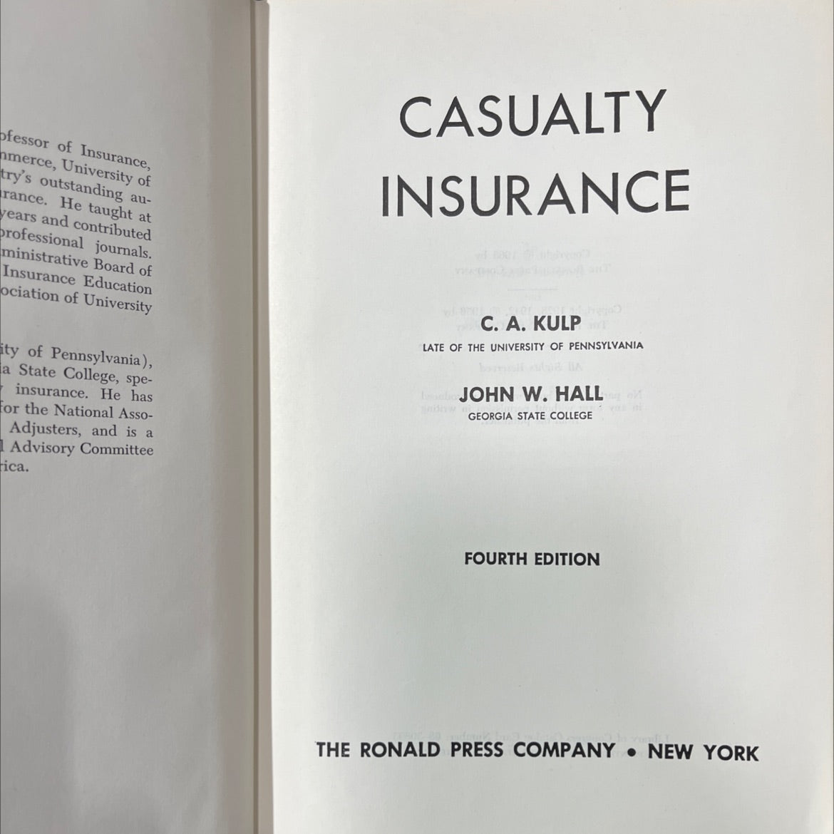 casualty insurance book, by c. a. kulp, john w. hall, 1968 Hardcover image 2