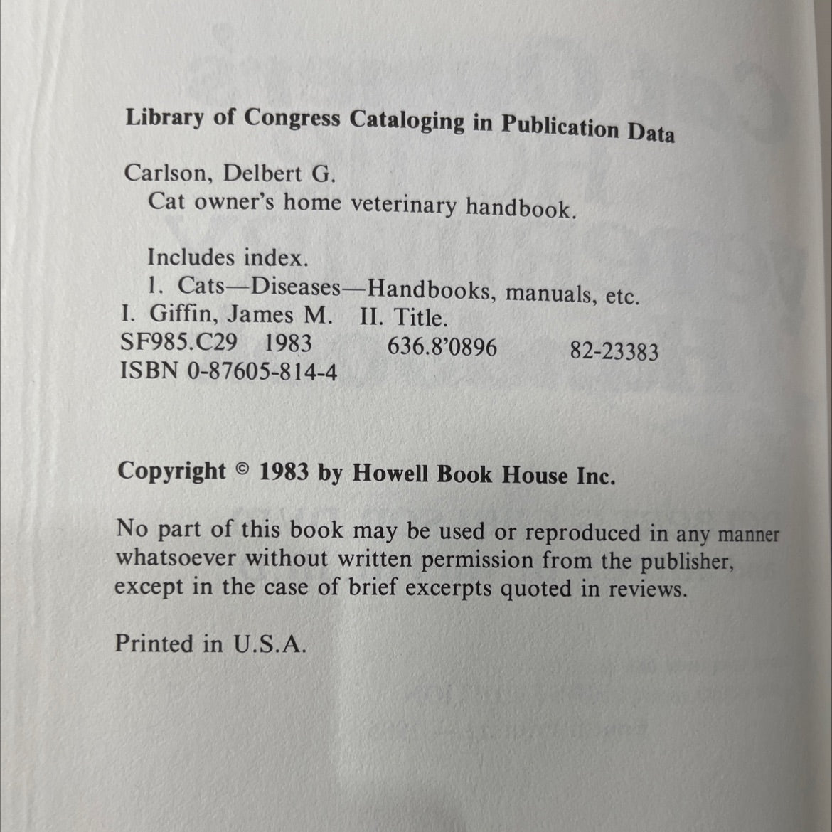 cat owner's home veterinary handbook book, by delbert g. carlson, d.v.m. and james m. giffin, m.d., 1985 Hardcover image 3