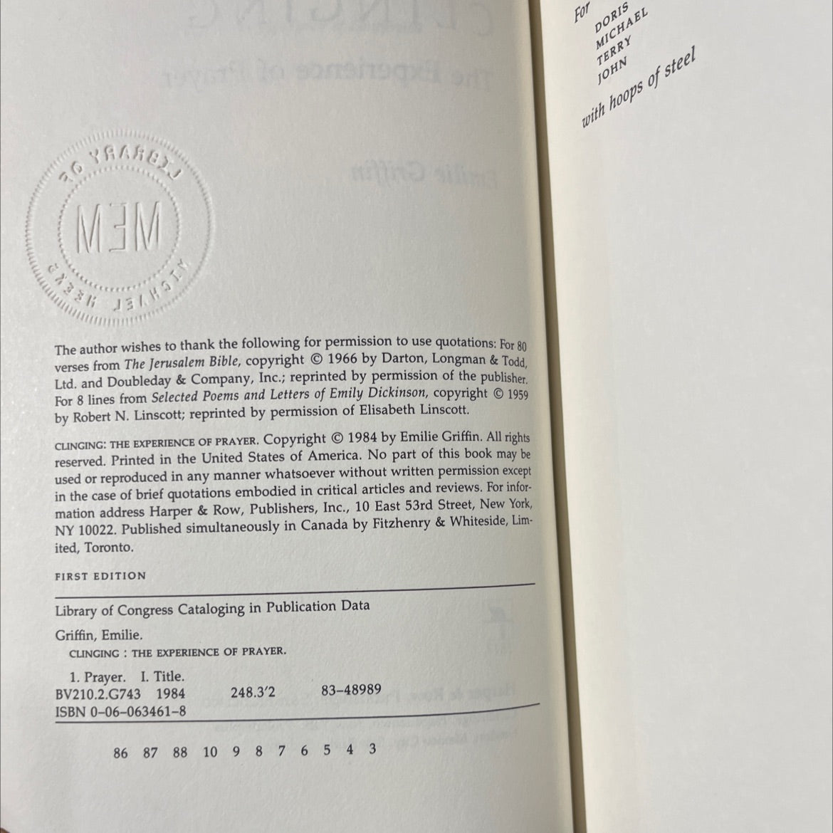 clinging the experience of prayer book, by emilie griffin, 1984 Hardcover image 3