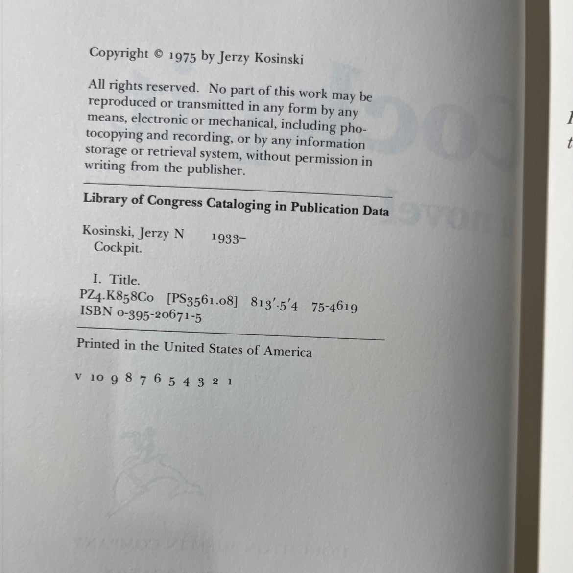 cockpit book, by jerzy kosinski, 1975 Hardcover image 3