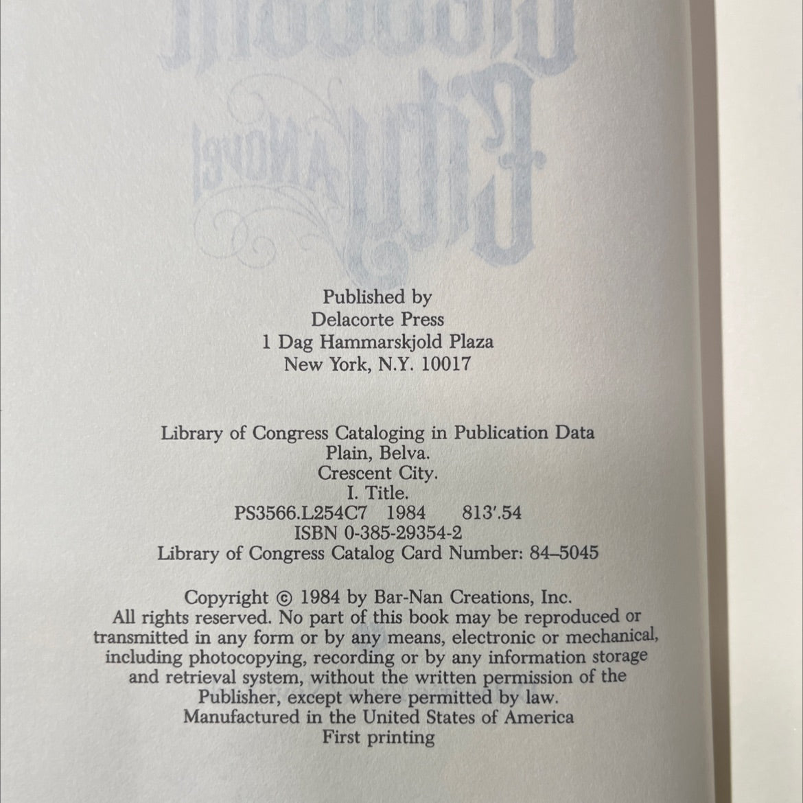 crescent city book, by belva plain, 1984 Hardcover image 3