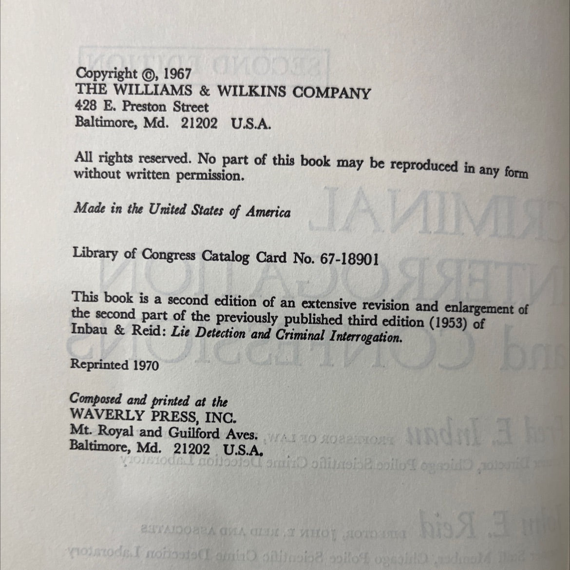 criminal interrogation and confessions book, by Fred E. Inbau, John E. Reid, 1970 Hardcover image 3